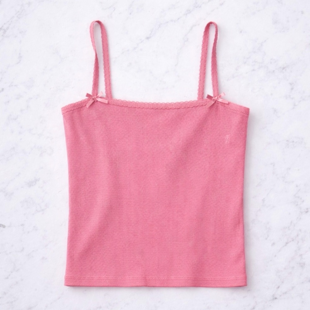 American Eagle Ribbed Lace Trim Cami Tank Square Neck Bow Detail Stretch Top NWT